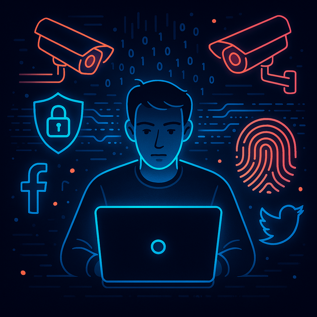 A conceptual illustration of online privacy and digital footprint monitoring.