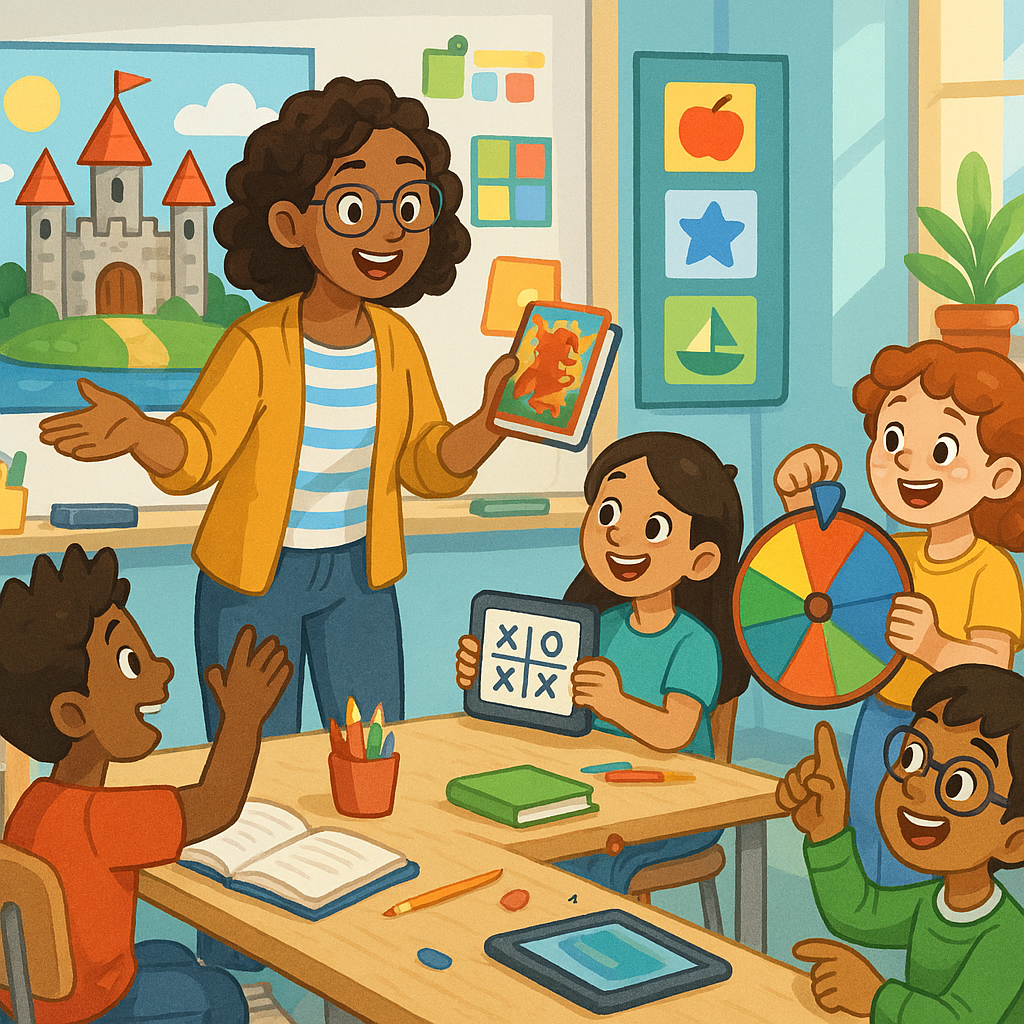 A vibrant and imaginative classroom scene showing a teacher using creative methods to engage student
